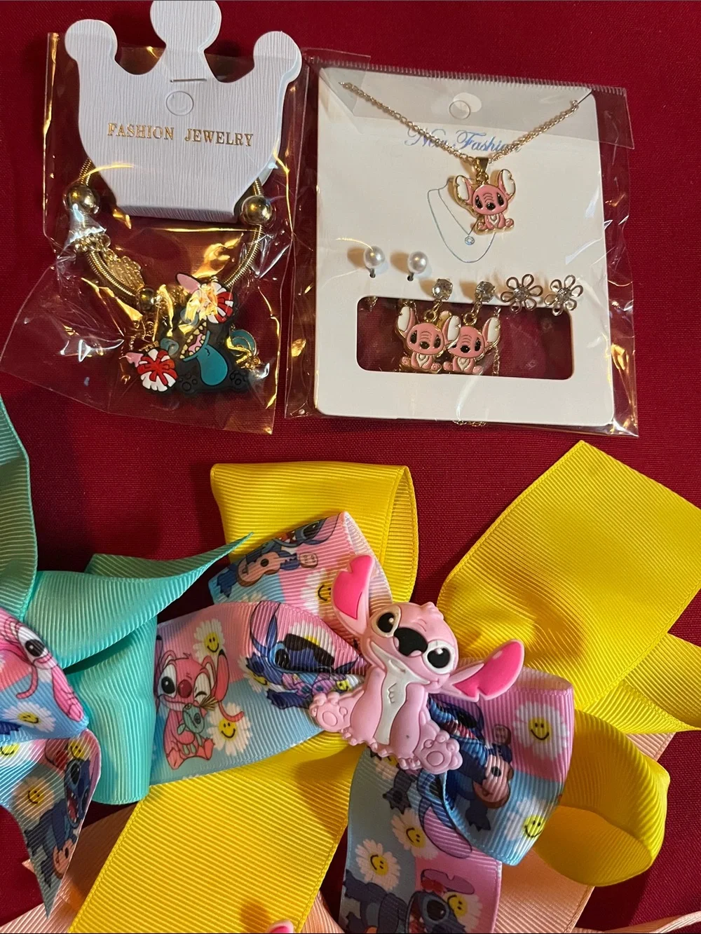 Fashion Jewelry Pink Yellow Teal Kids Bow and Charm Jewelry Set